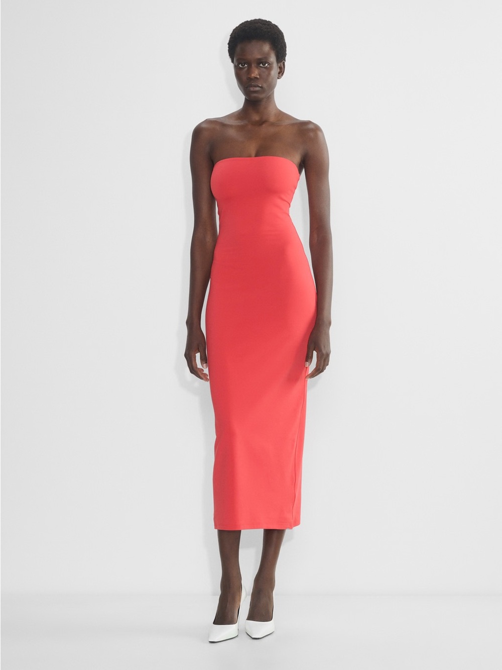 Aritzia Strapless Midi Dress in Coral